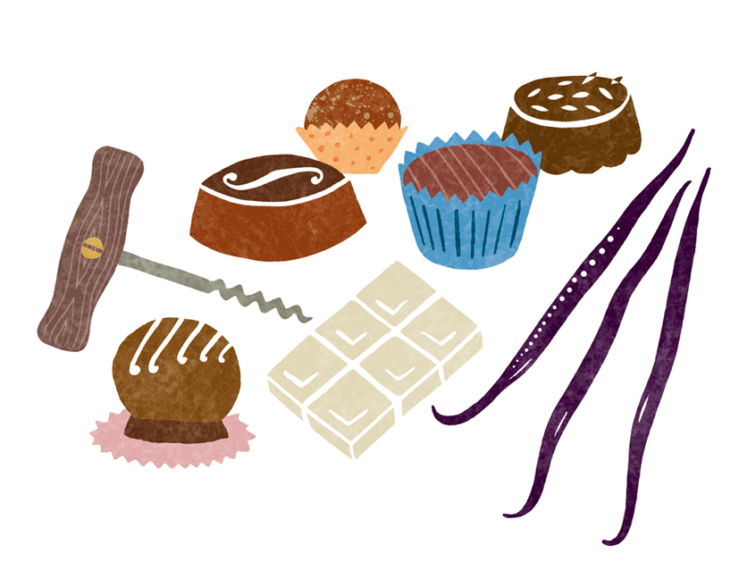 a group of chocolates and a corkscrew