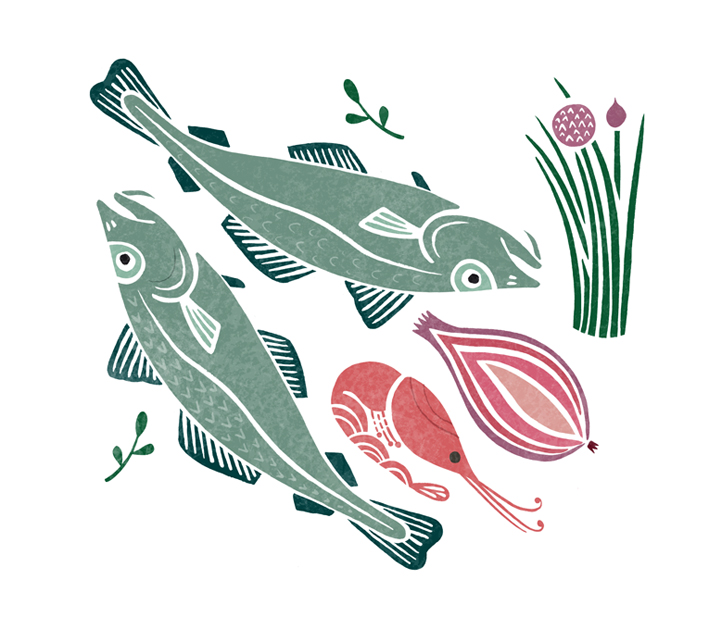 a group of fish and vegetables