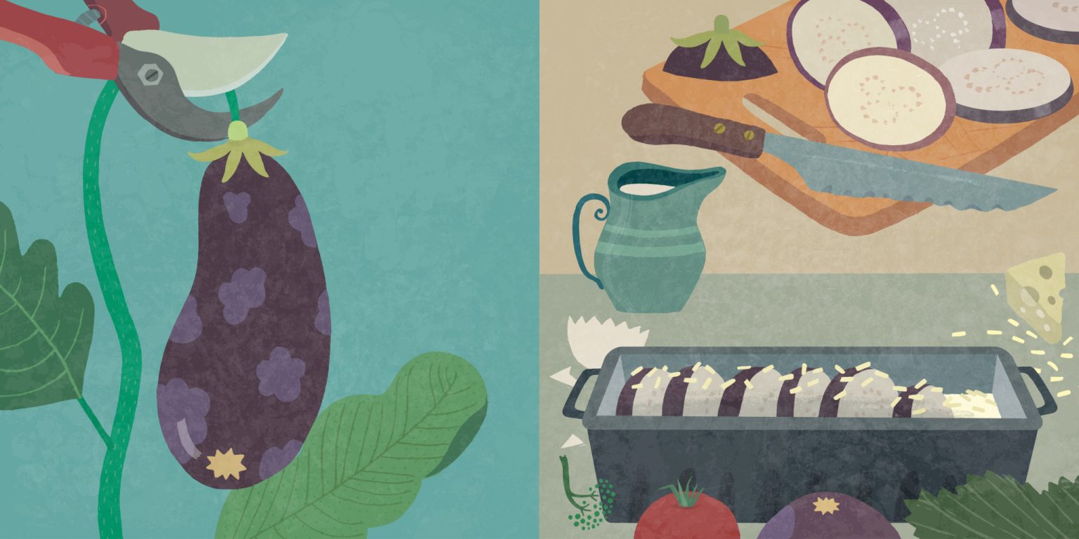a collage of food and a painting
