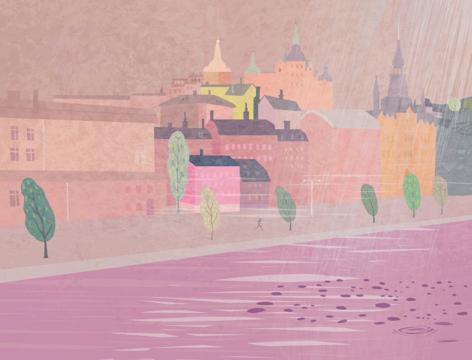 a water body with buildings and trees