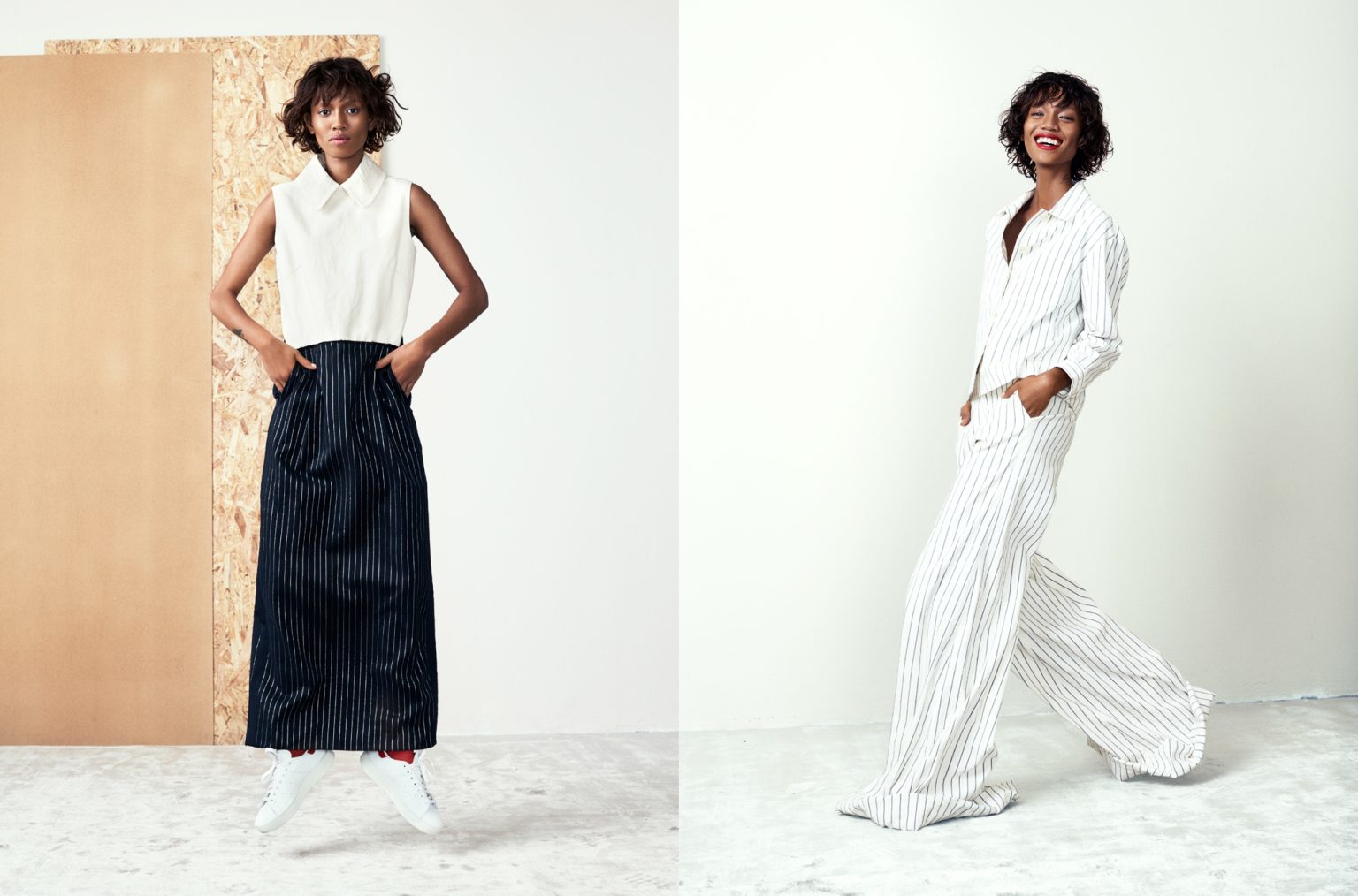 a woman in a white shirt and black pants