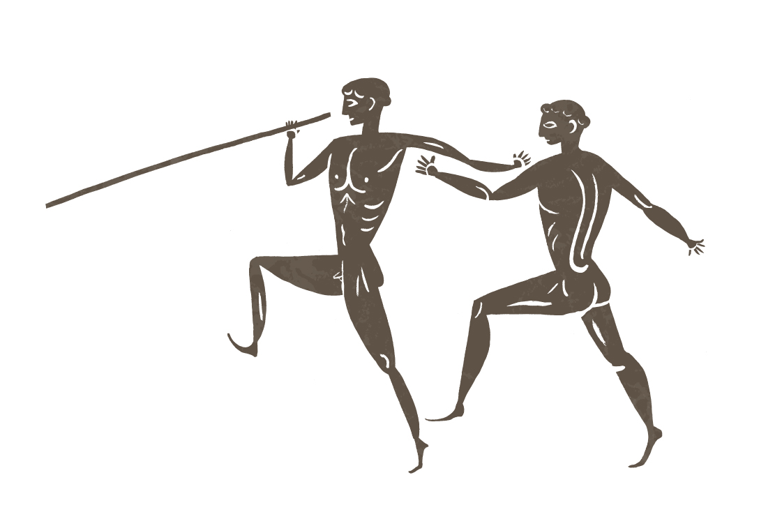 a drawing of a man holding a stick