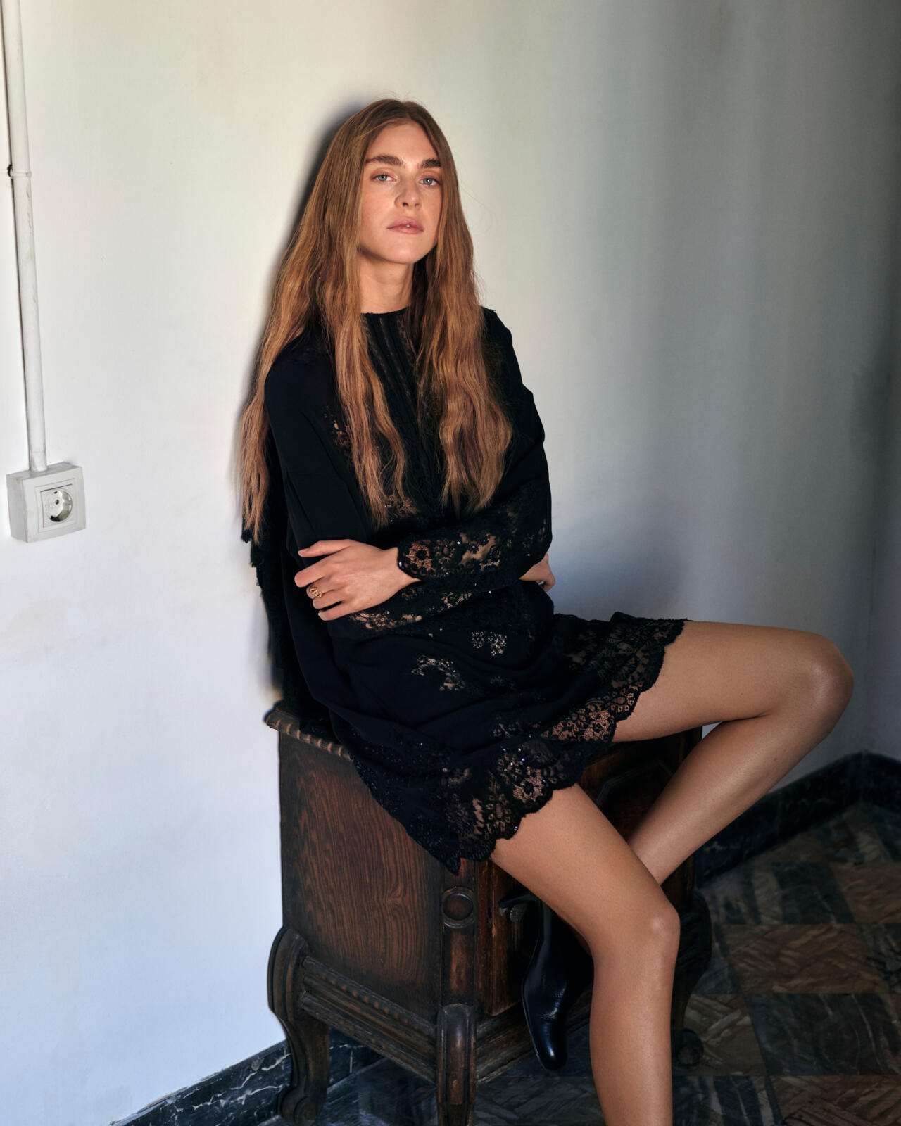 a woman in a black dress