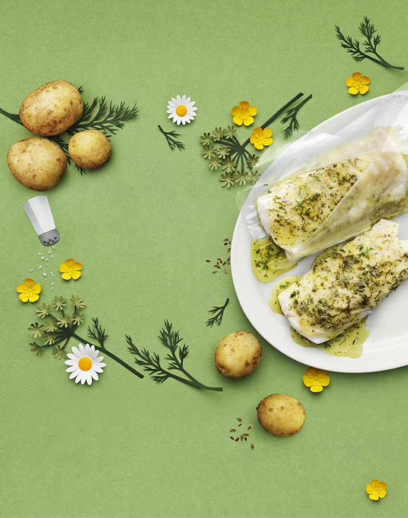 food on a plate with potatoes and flowers