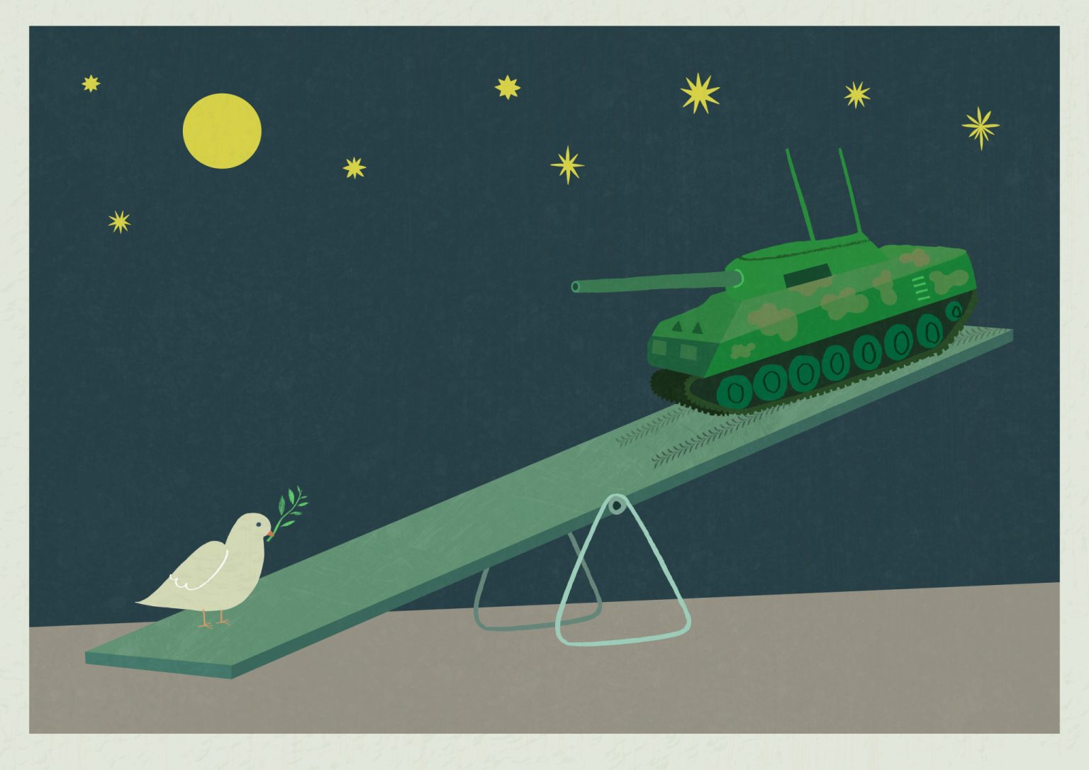 a cartoon of a tank and a bird on a seesaw