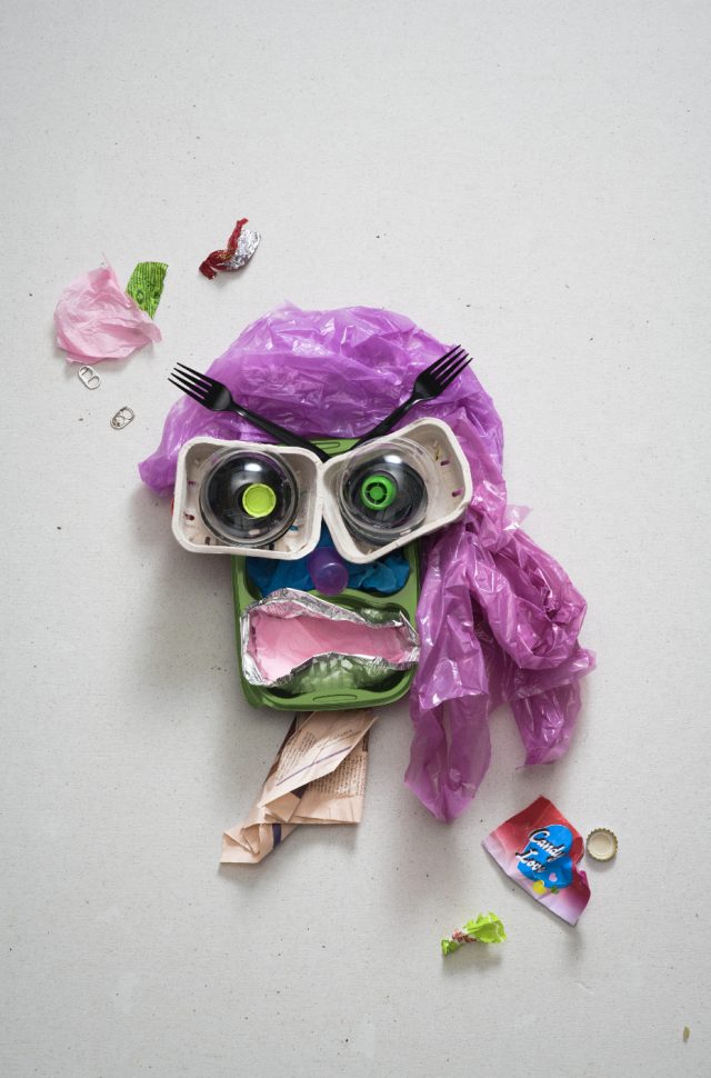 a plastic bag with a face made of plastic
