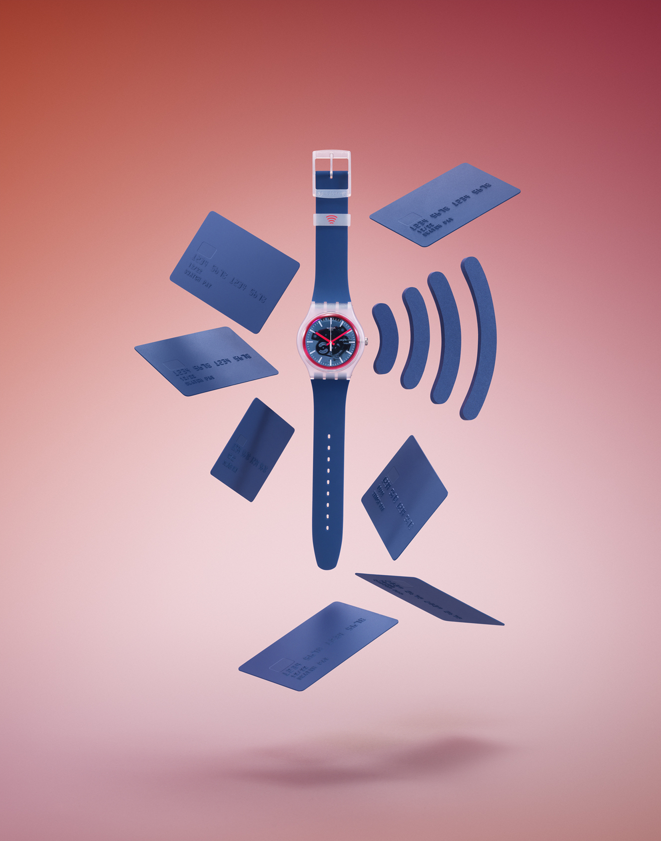 a watch with credit cards flying in the air