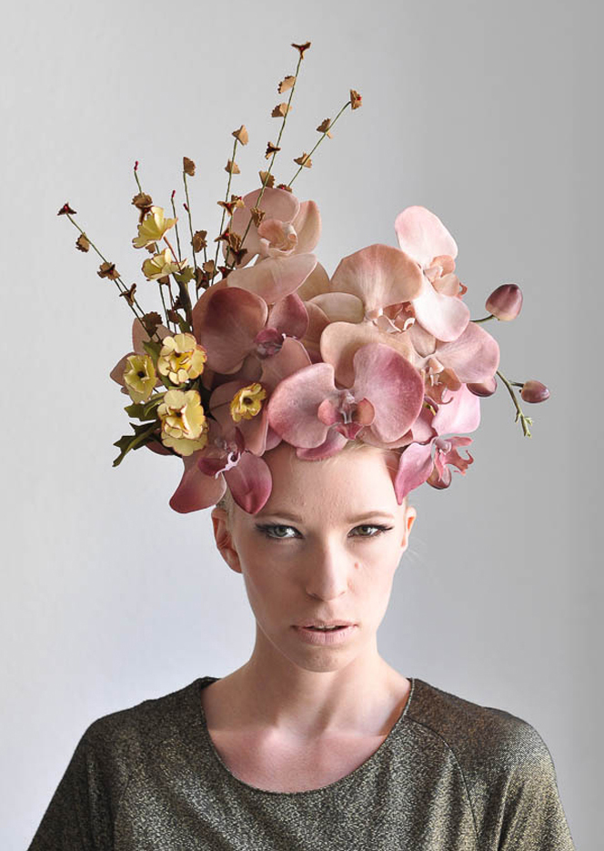 a woman with flowers on her head