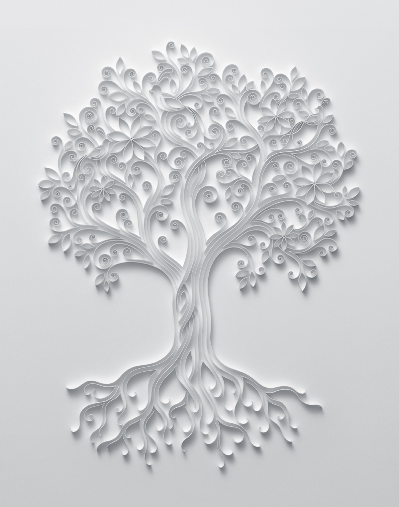 a white tree with swirls and flowers