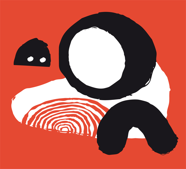 a black and white circle and red background