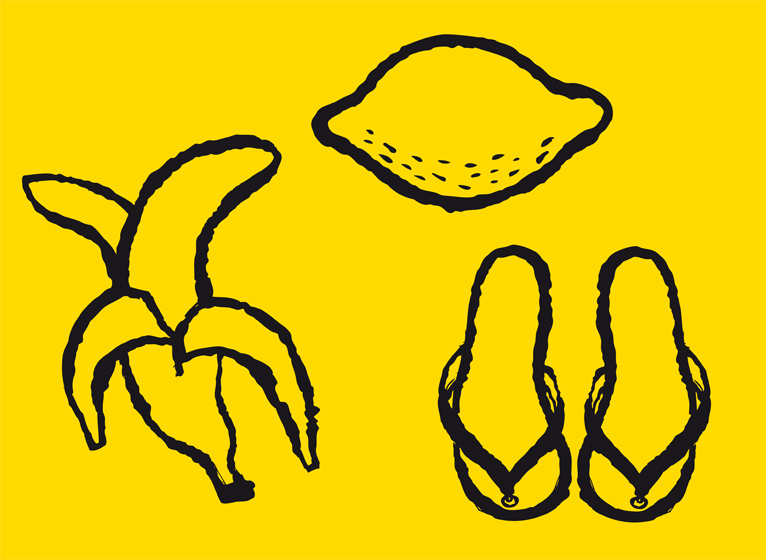 a lemon and banana drawn on a yellow background
