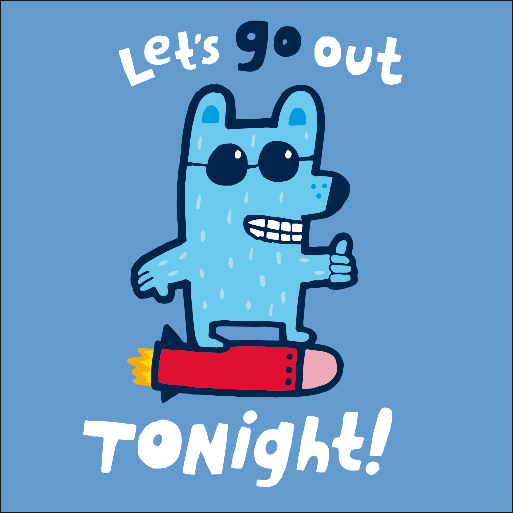 a cartoon of a blue bear wearing sunglasses and a red rocket