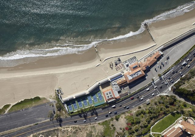 aerial view of a beach and a building
