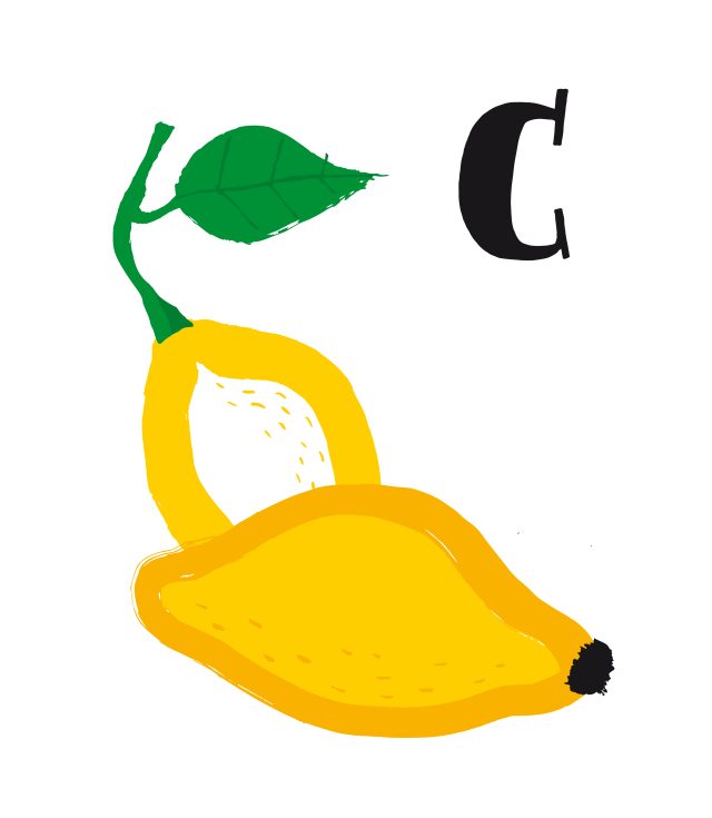 a yellow fruit with a green leaf and a black letter