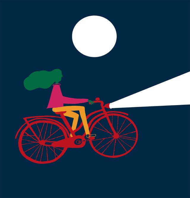 a cartoon of a woman riding a bicycle with a flashlight