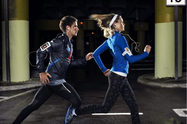 a man and woman running