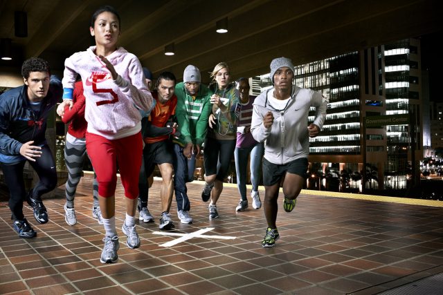 a group of people running