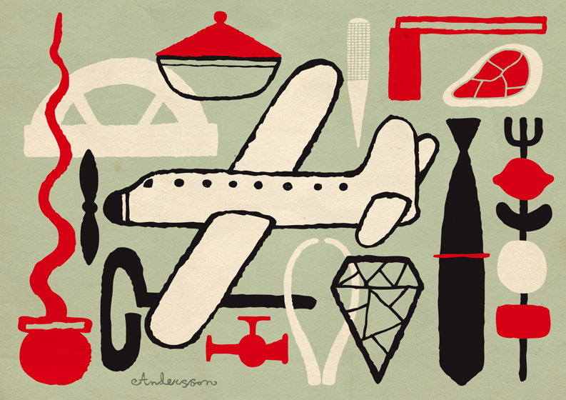 a drawing of a plane and various objects