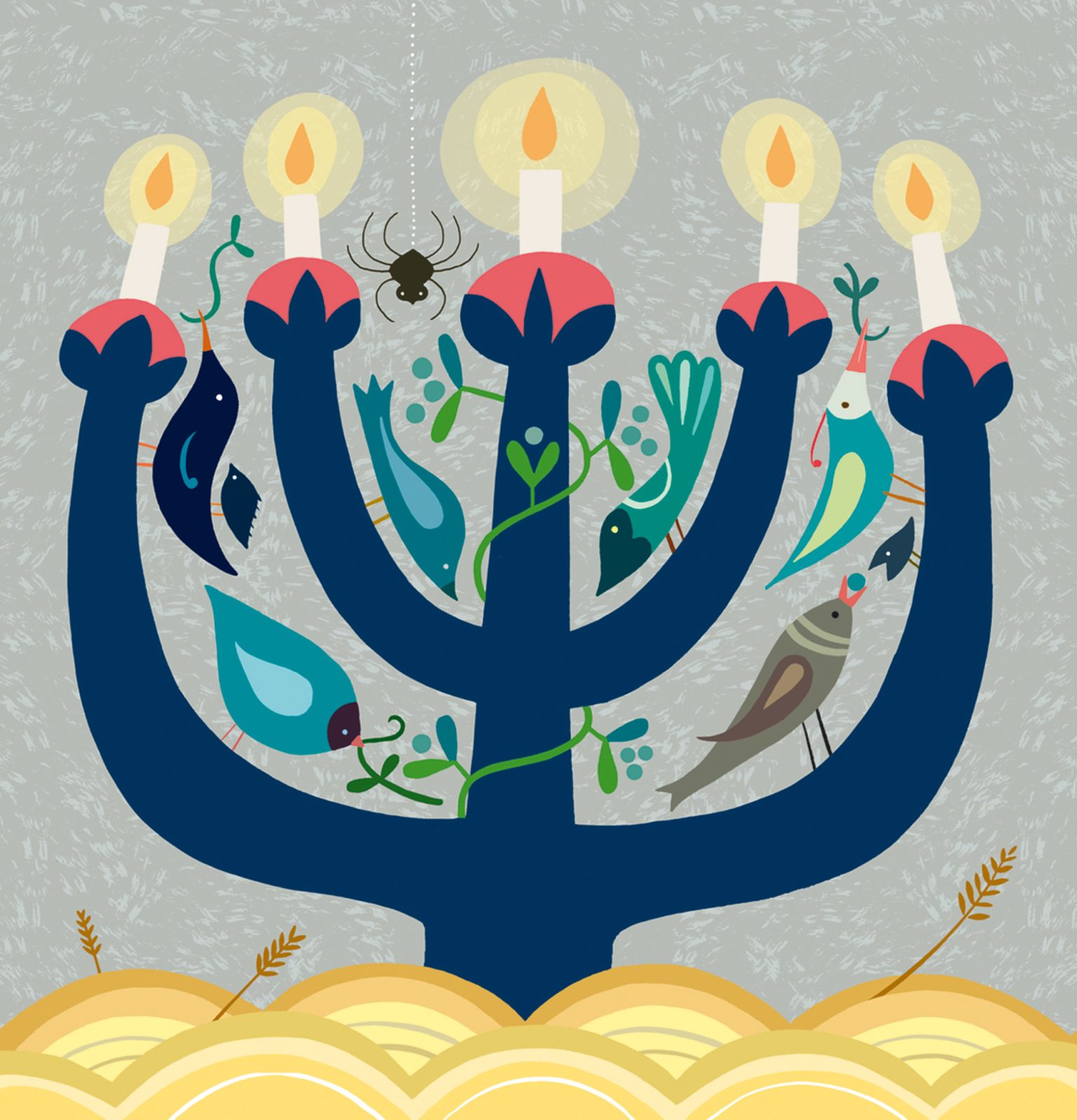 a drawing of a candle holder with birds and candles