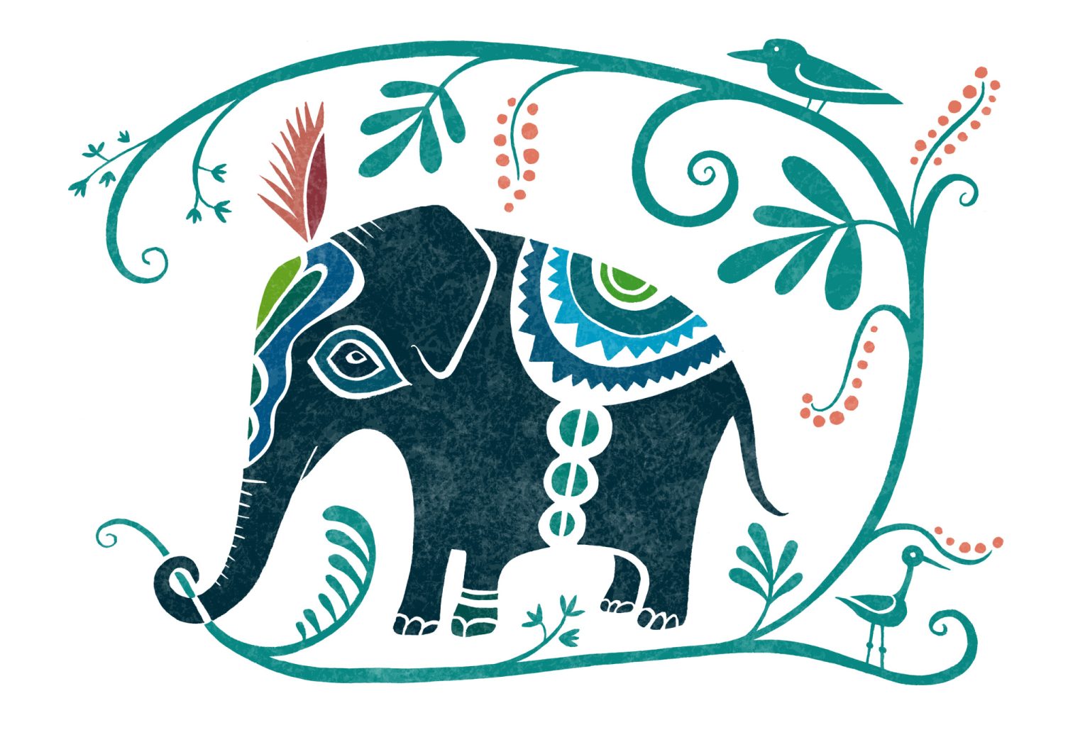 an elephant with a bird on a branch