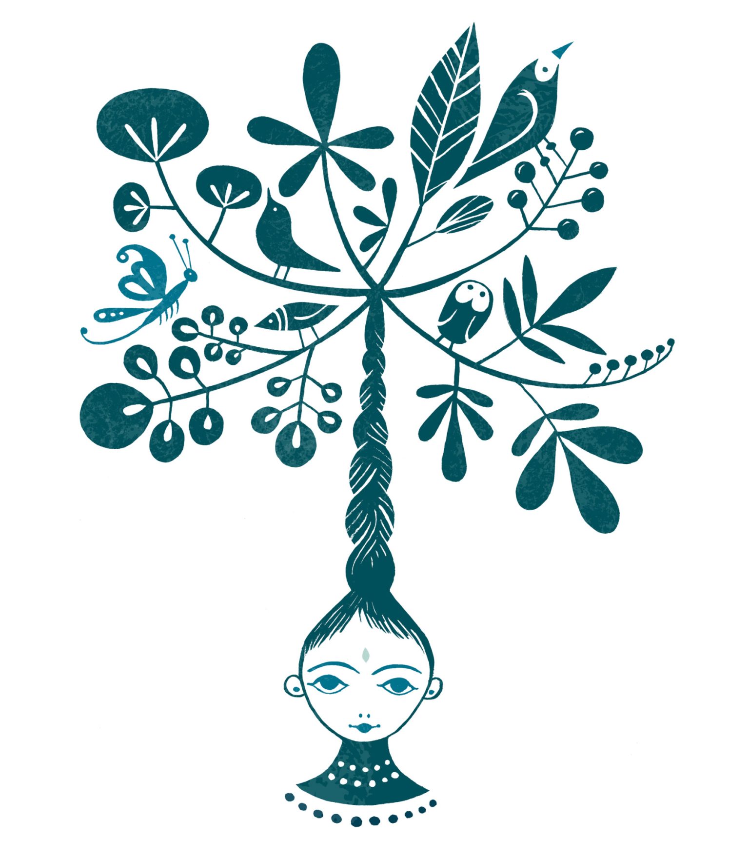 a drawing of a woman with a tree of leaves and birds