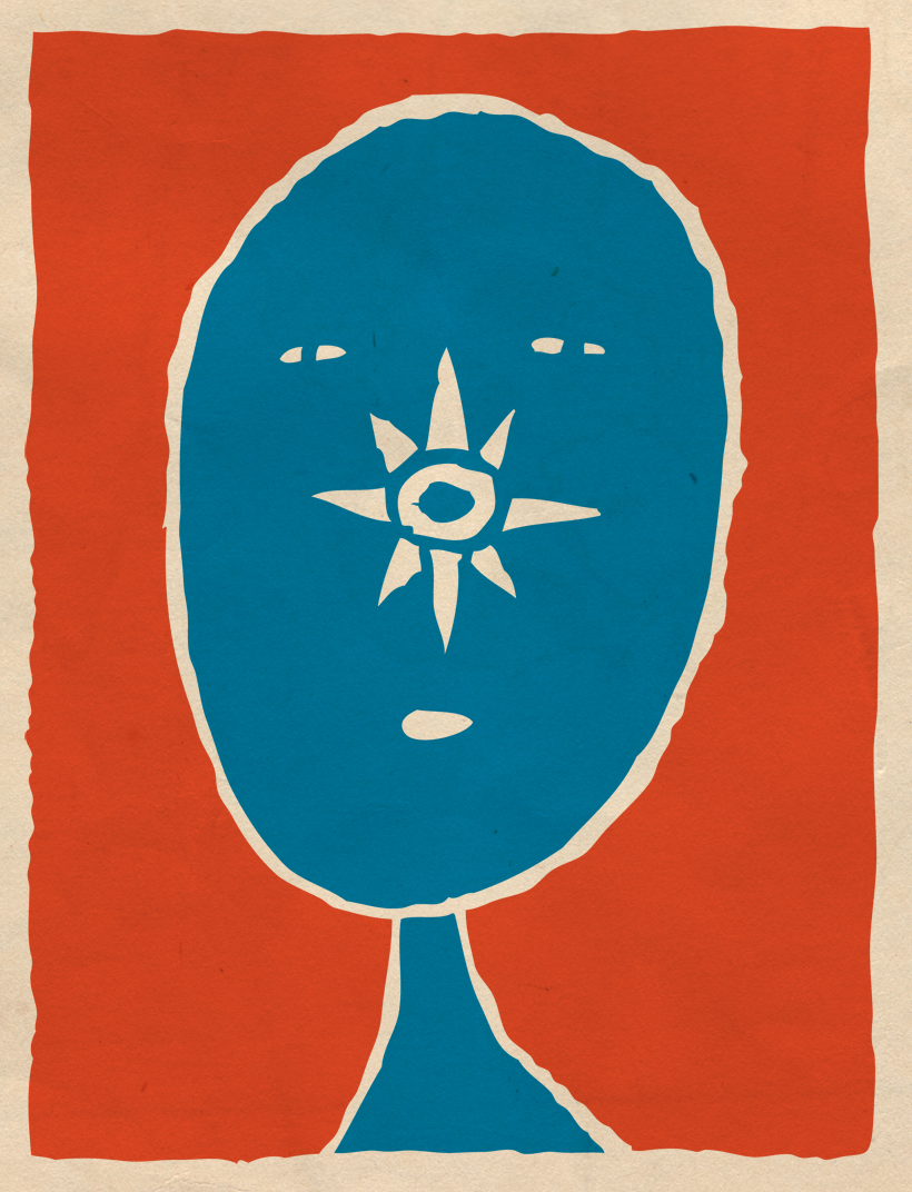 a blue and orange drawing of a face