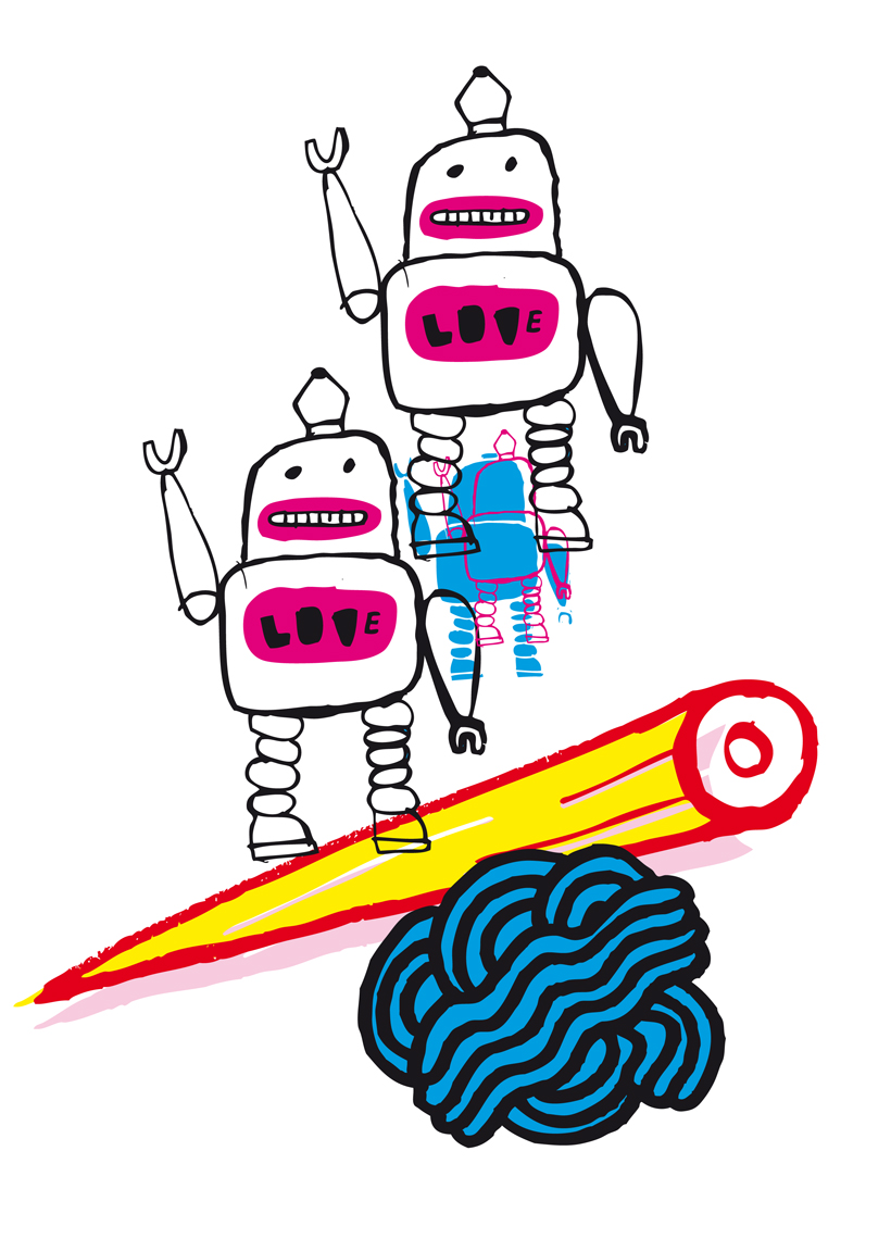 a drawing of robots on a yellow object