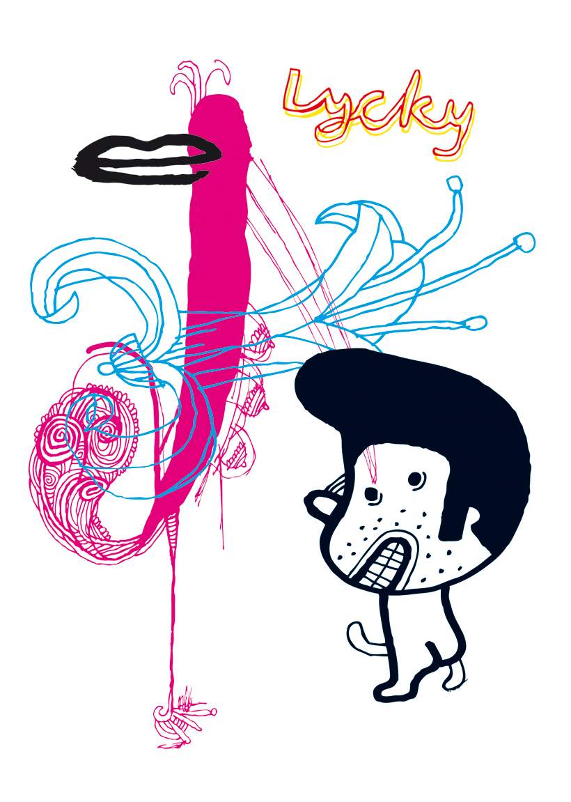 a drawing of a man with a black hair and pink and blue text