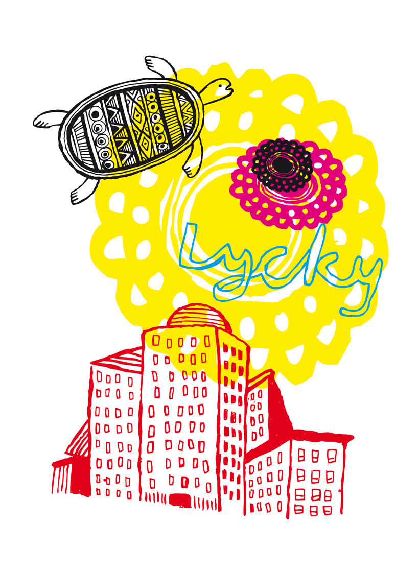 a drawing of a turtle and a city