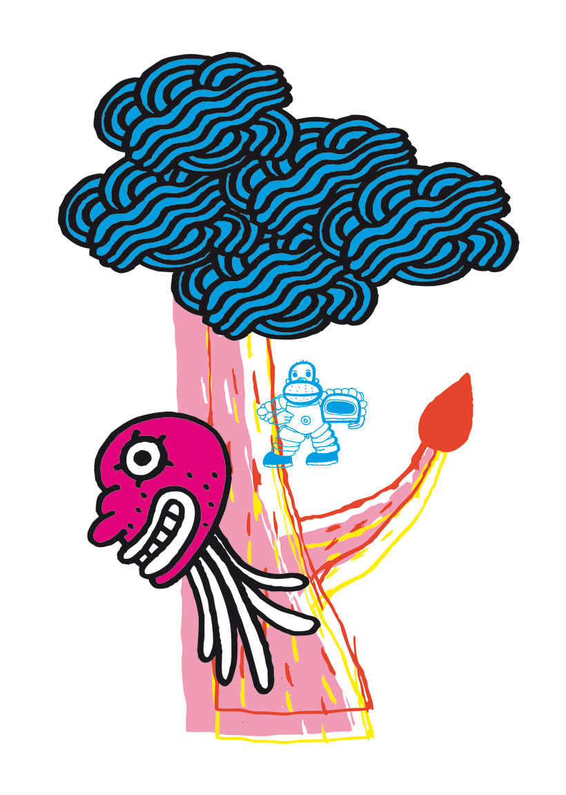 a cartoon of a monster and a cloud