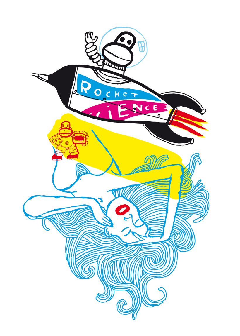 a cartoon of a woman and a rocket