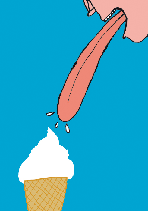 a cartoon of a hot dog licking an ice cream cone