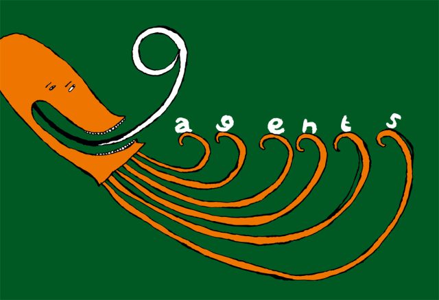 an orange octopus with white text