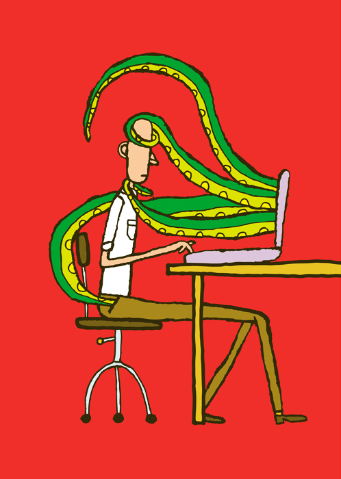 a cartoon of a man sitting at a computer with a green and yellow tentacles