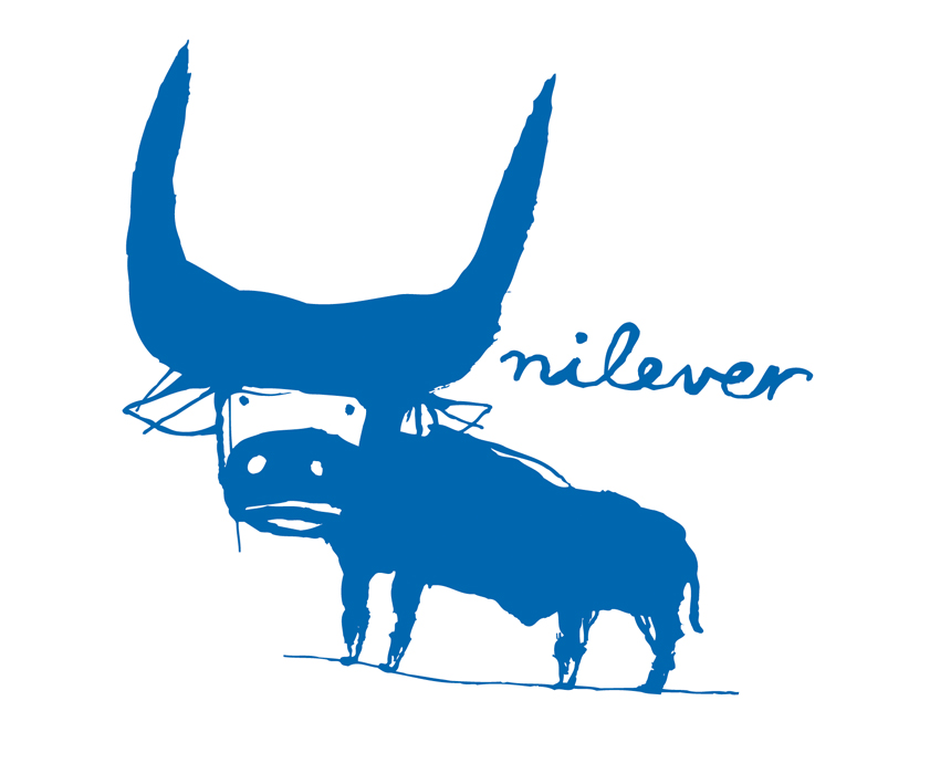 a blue drawing of a bull