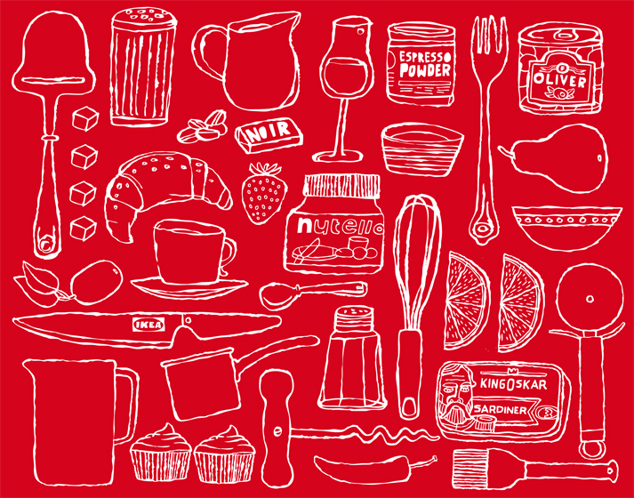 a red background with white outline of food items