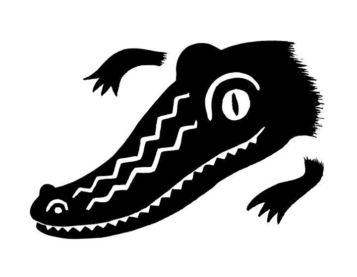 a black and white drawing of a crocodile