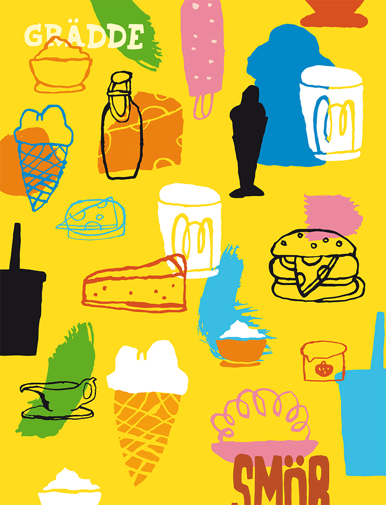 a yellow background with different food items