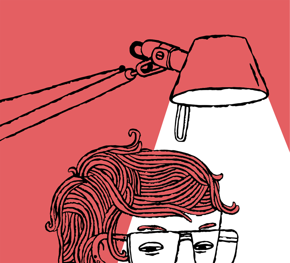 a cartoon of a person's face under a lamp