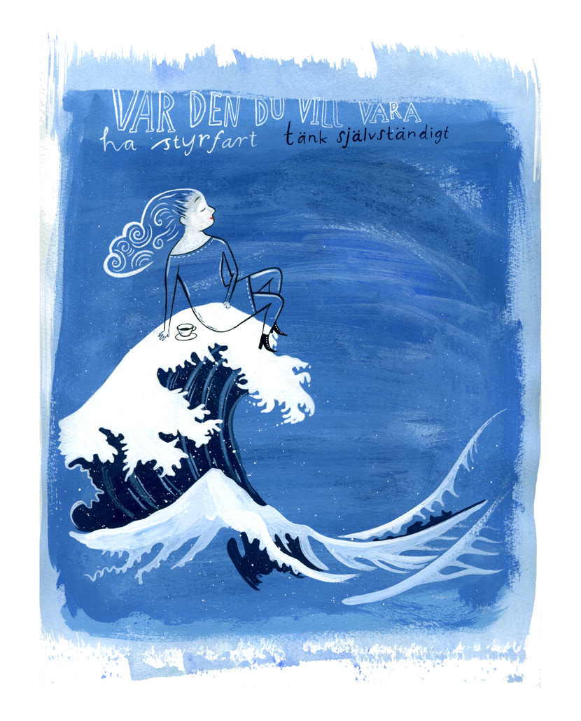 a woman sitting on a large wave