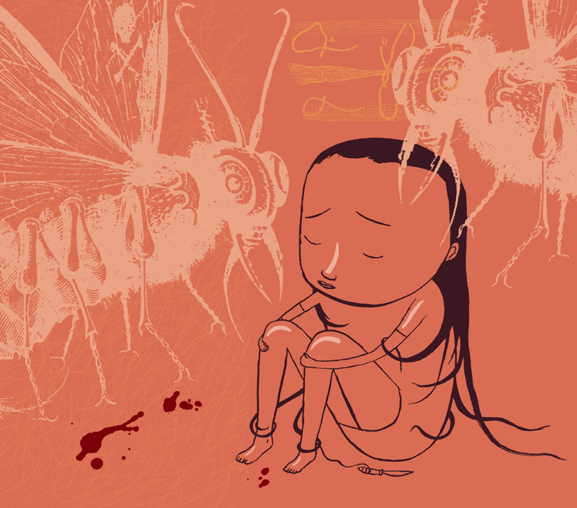 a cartoon of a girl sitting on the ground looking at a bug