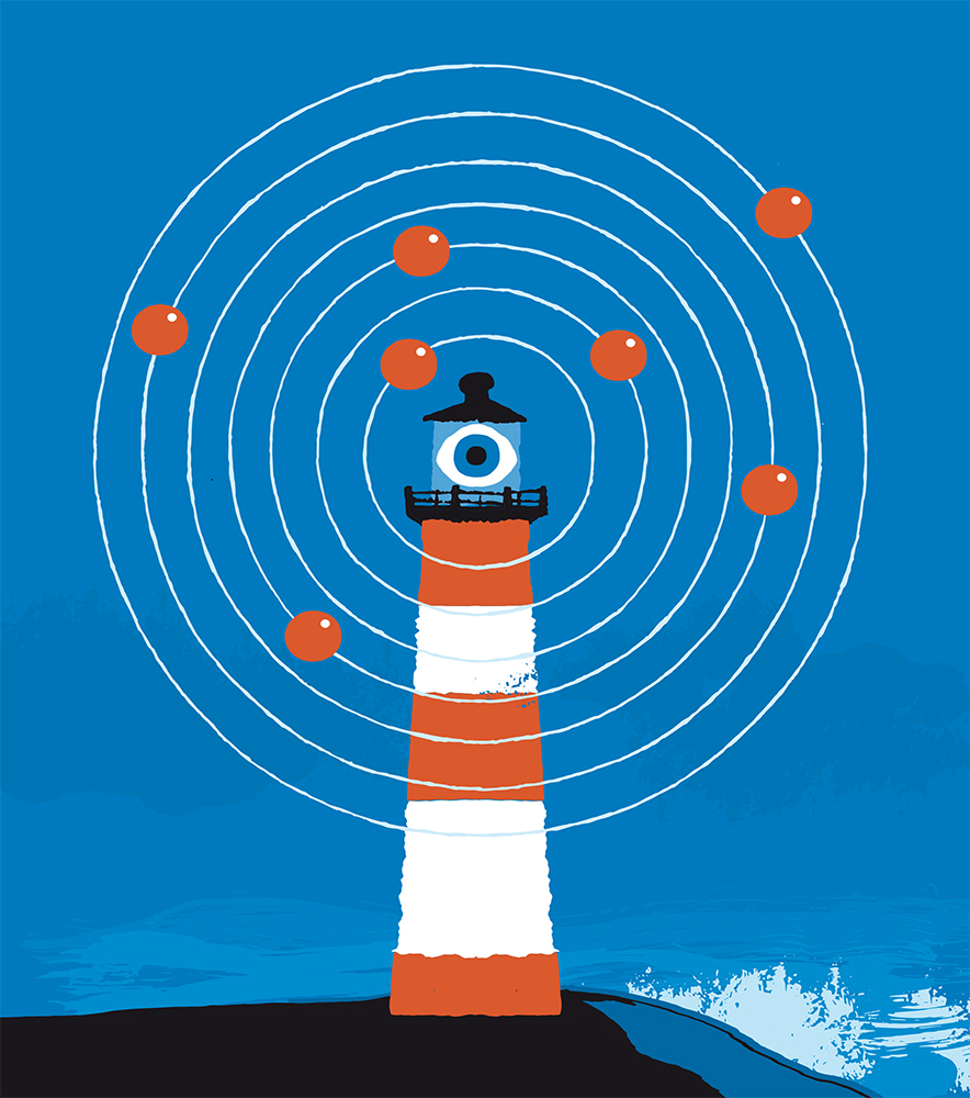 a lighthouse with circles of circles around it