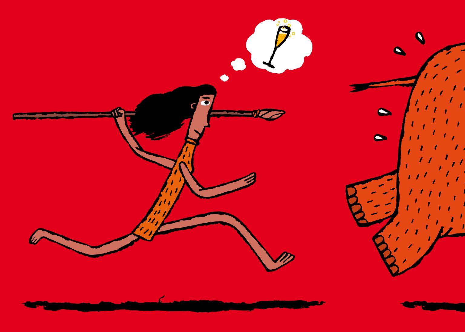 a cartoon of a woman running with a stick in her hand