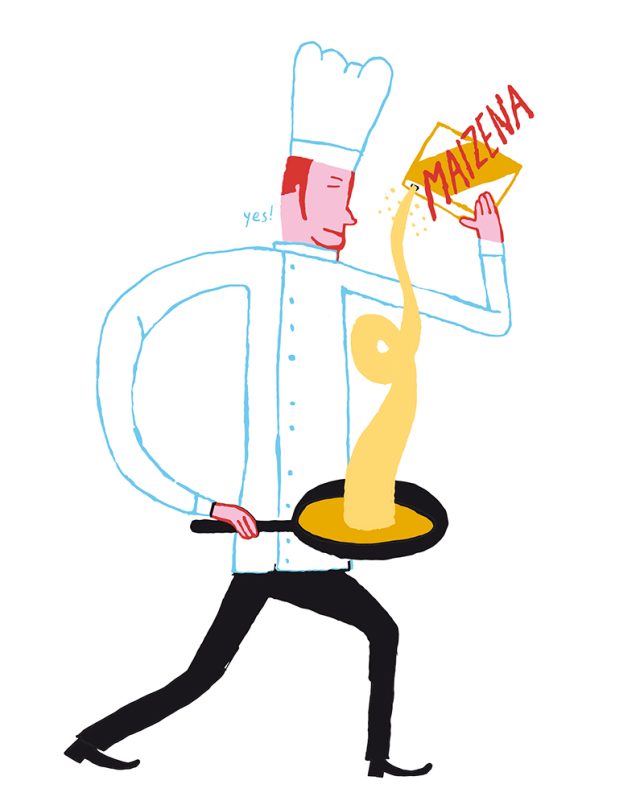 a cartoon of a chef pouring liquid into a pan