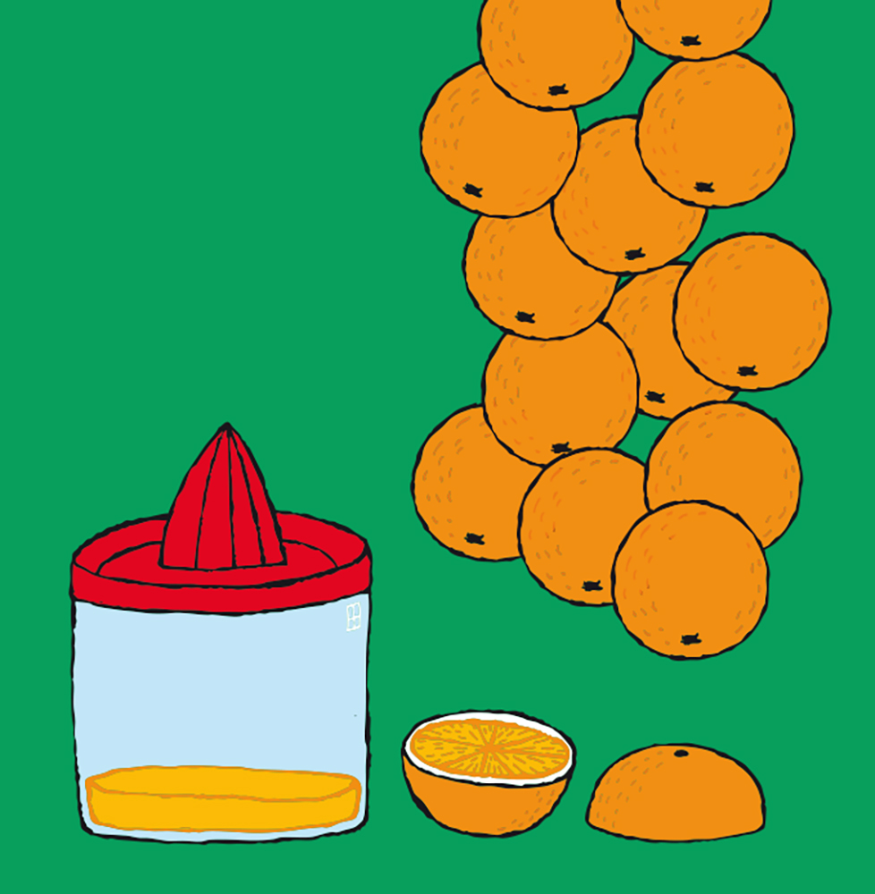 oranges and a juicer with oranges on a green background