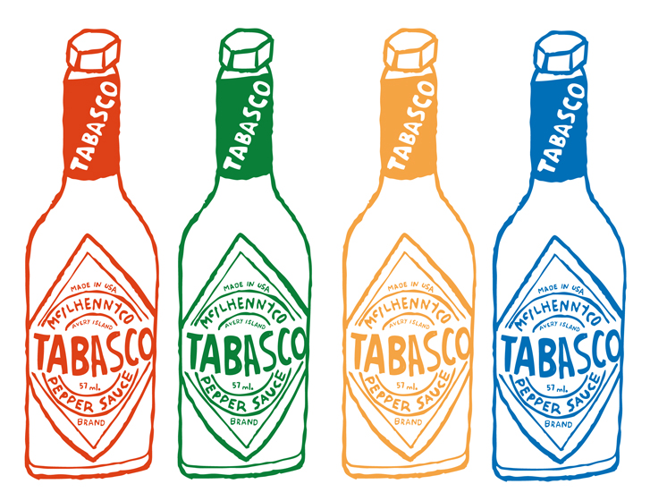 a group of bottles of tabasco sauce
