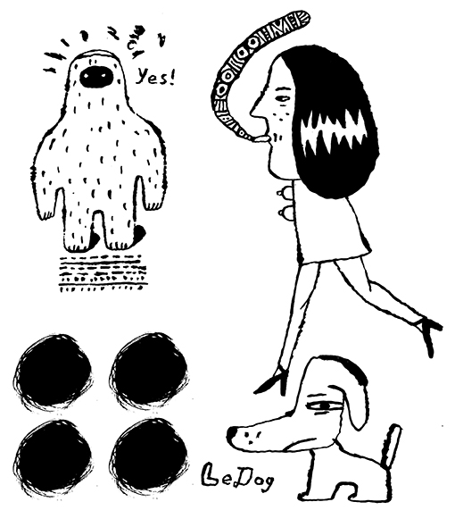a black and white drawing of a woman and a dog