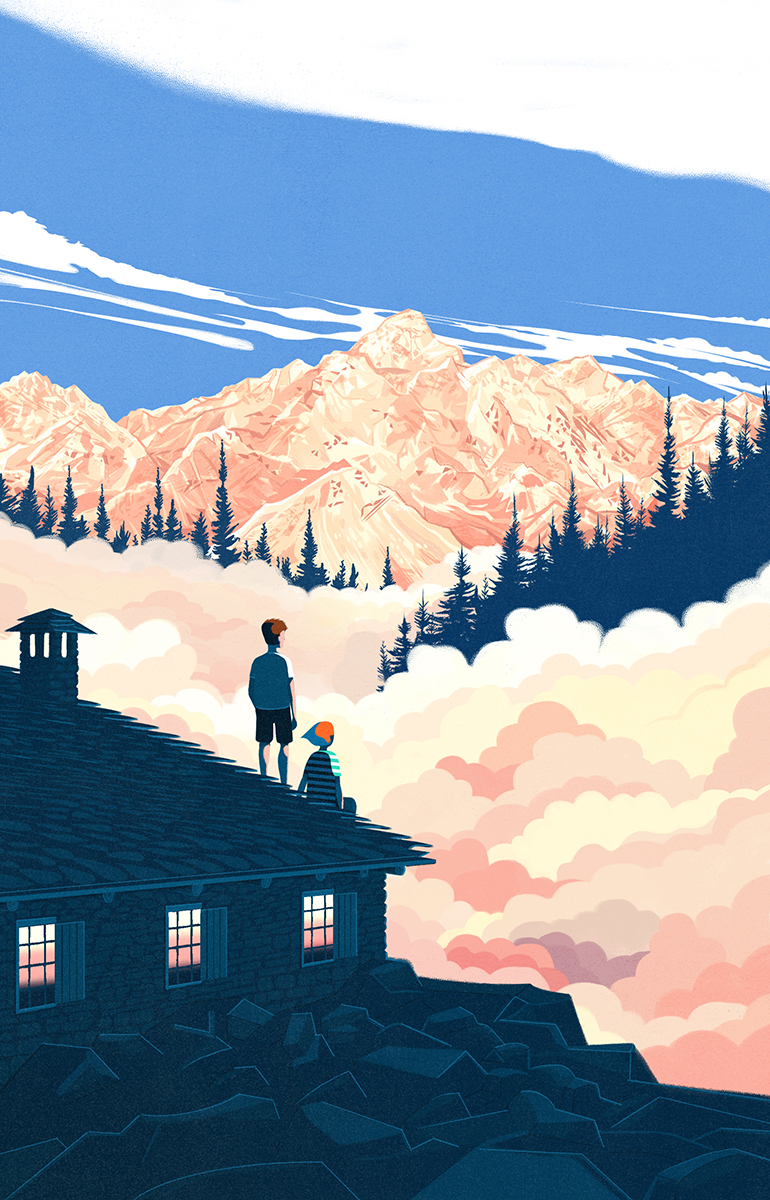 a couple of kids on a roof looking at a mountain range