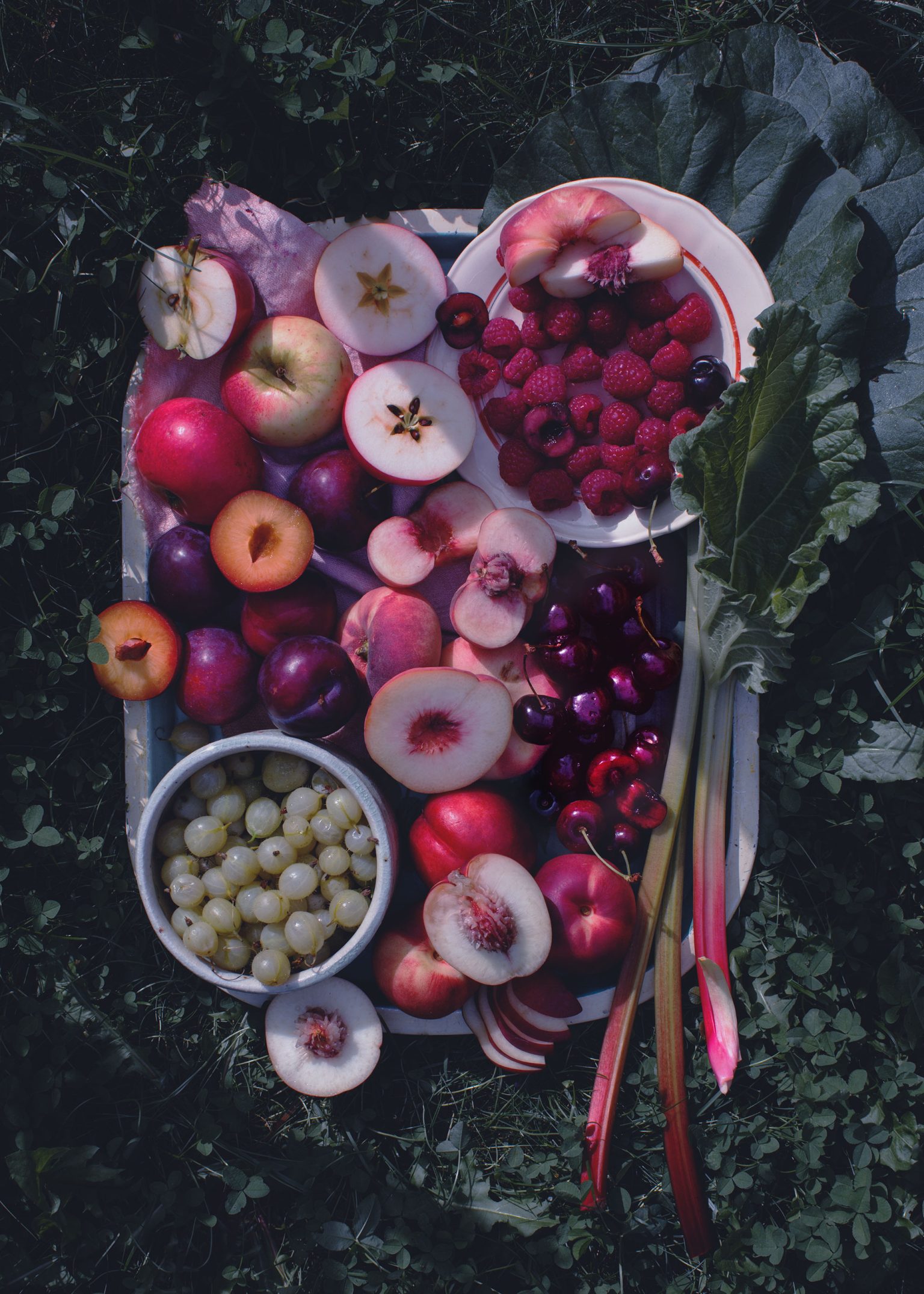 a tray of fruit on grass
