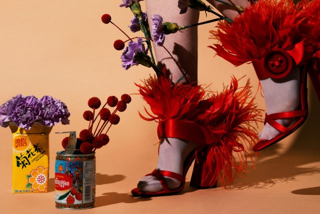 a woman's legs in red feathers and purple flowers in a can